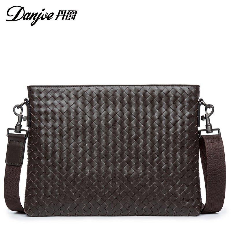 丹爵头层牛皮单肩包编织男士包横款斜跨包时尚男包公文包8059-2  棕色  