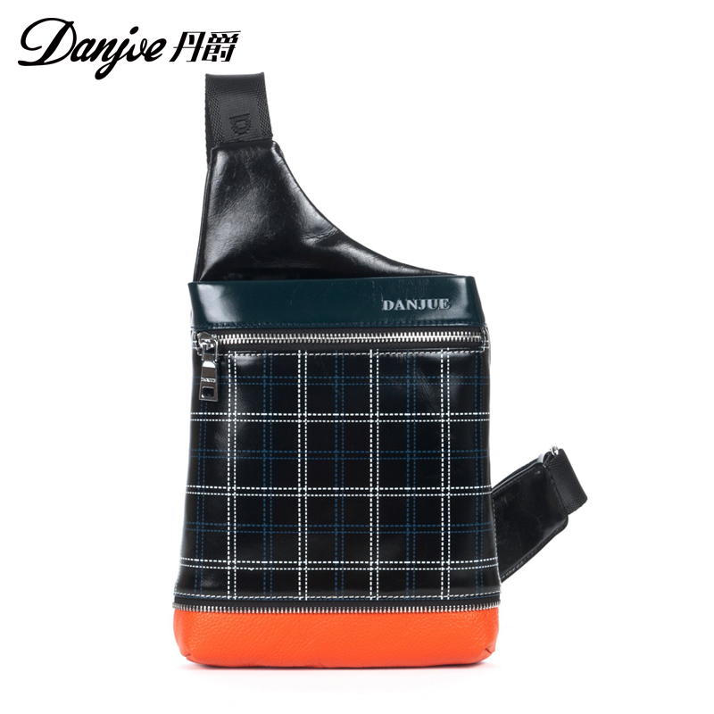 丹爵(DANJUE)全牛皮时尚个性圆筒胸包单肩斜挎包运动休闲包小背包潮流酷包撞色包8750-1  黑色  