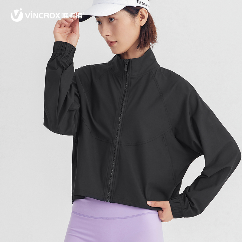 唯卡洛vincrox  运动外套女秋冬高领宽松显瘦防晒罩衫瑜伽跑步健身拉链开衫21116  黑色  M