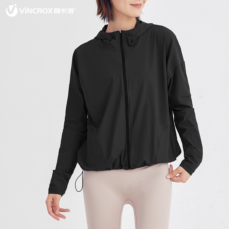 唯卡洛vincrox 连帽外套秋冬防风防晒透气速干吸汗热身服瑜伽健身长袖上衣21115  黑色  L