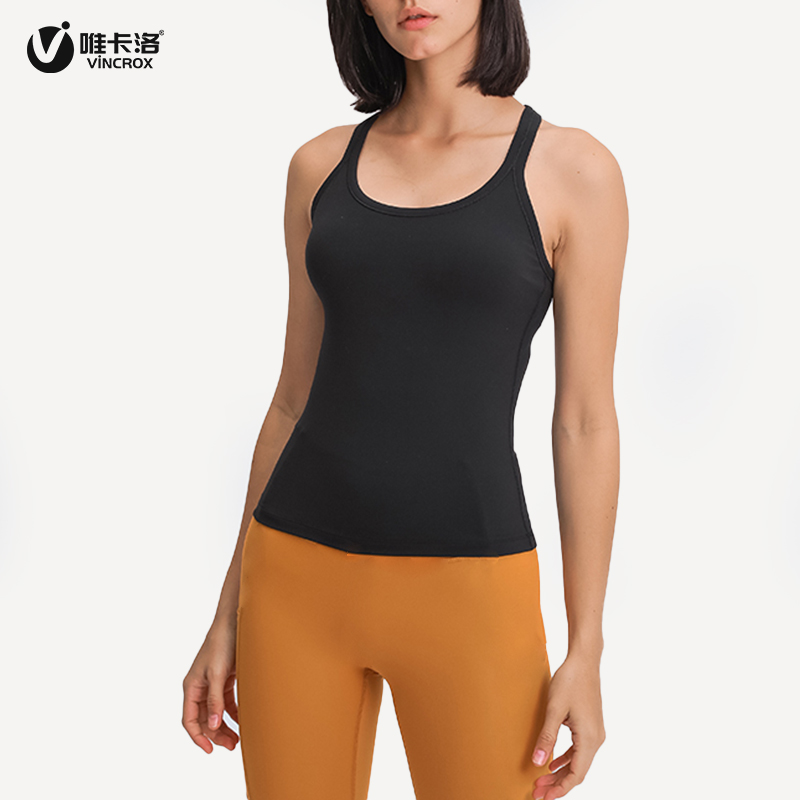 唯卡洛vincrox运动背心 运动跑步健身 专业瑜伽高强度美背速干吸汗透气无袖上衣（含胸垫）   21318  黑色  S