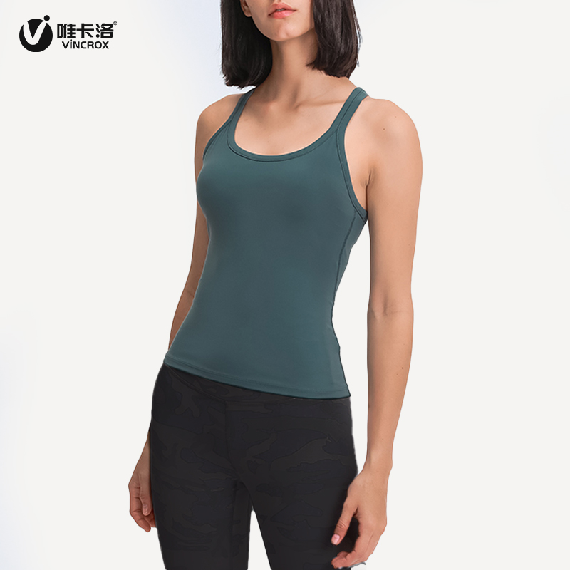 唯卡洛vincrox运动背心 运动跑步健身 专业瑜伽高强度美背速干吸汗透气无袖上衣（含胸垫）   21318  林灰绿  S