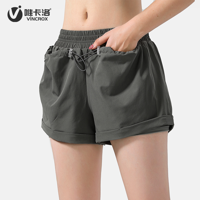 唯卡洛vincrox瑜伽短裤 跑动健身  女防走光夏季薄款高腰运动短裤  21402  铅笔灰  S