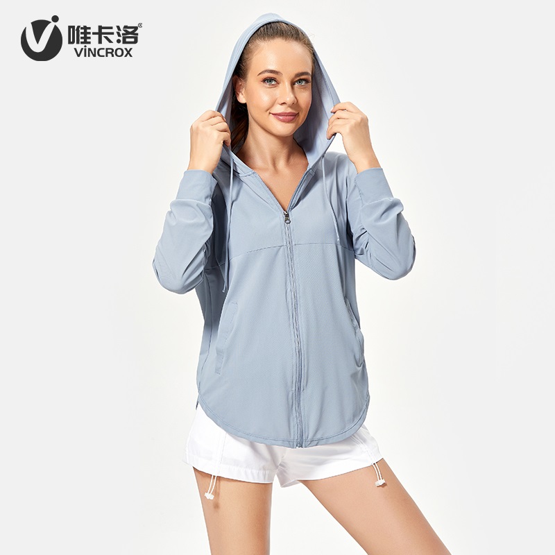 唯卡洛vincrox 运运外套 瑜伽跑步 薄夏季宽松透气防晒罩衫长袖健身运动外套  21405  浅青色  S