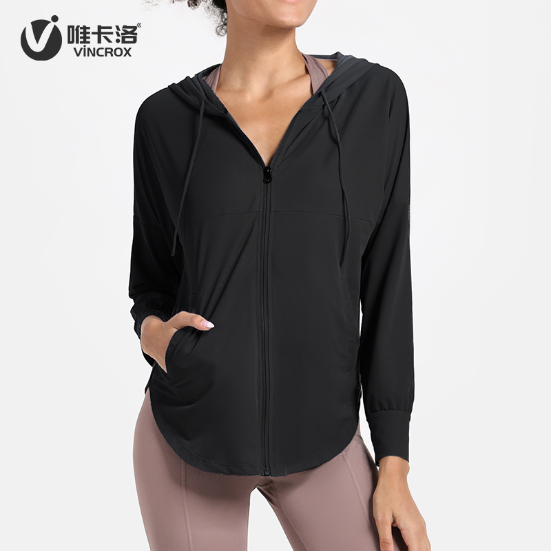 唯卡洛vincrox 运运外套 瑜伽跑步 薄夏季宽松透气防晒罩衫长袖健身运动外套  21405  碳黑色  S