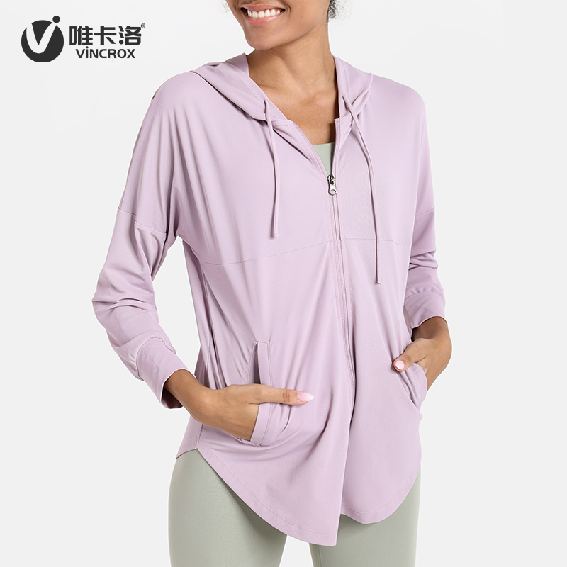 唯卡洛vincrox 运运外套 瑜伽跑步 薄夏季宽松透气防晒罩衫长袖健身运动外套  21405  柔美紫  S