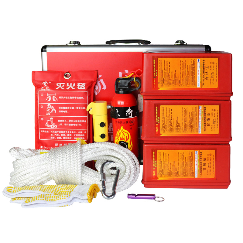 谋福 8491 【微型消防站选用】 消防应急箱 防火套装（ 灭火器火灾逃生面具钢丝绳等组合）套 红色