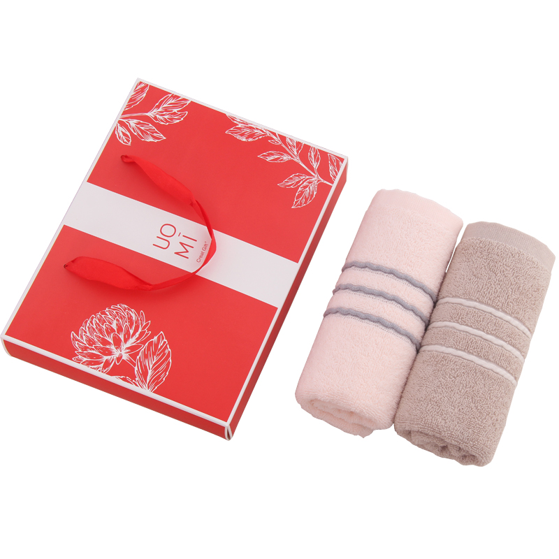 UOMI 优乐-2 32*72cm 75g 纯棉毛巾双条装礼盒  粉色、蓝色、咖色、灰色 粉色、蓝色、灰色、咖色