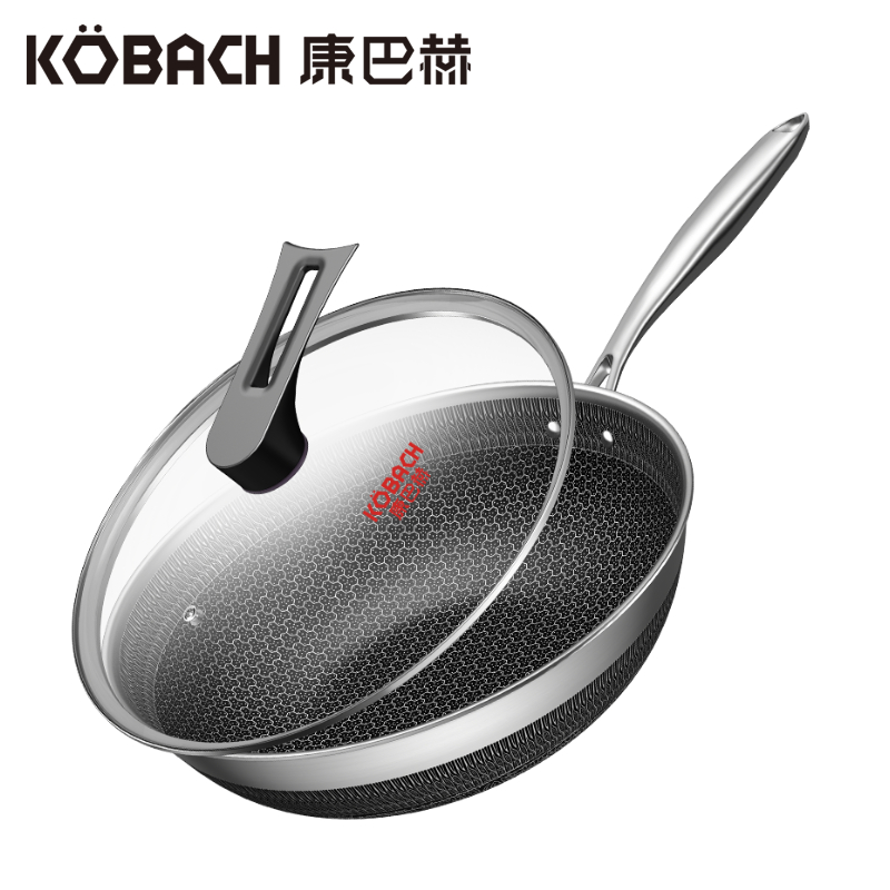 康巴赫（KBH）旗舰款 316L不锈钢双面蜂窝花纹平底锅 32cm CYS32S2【14030051】（单位：个） 银色
