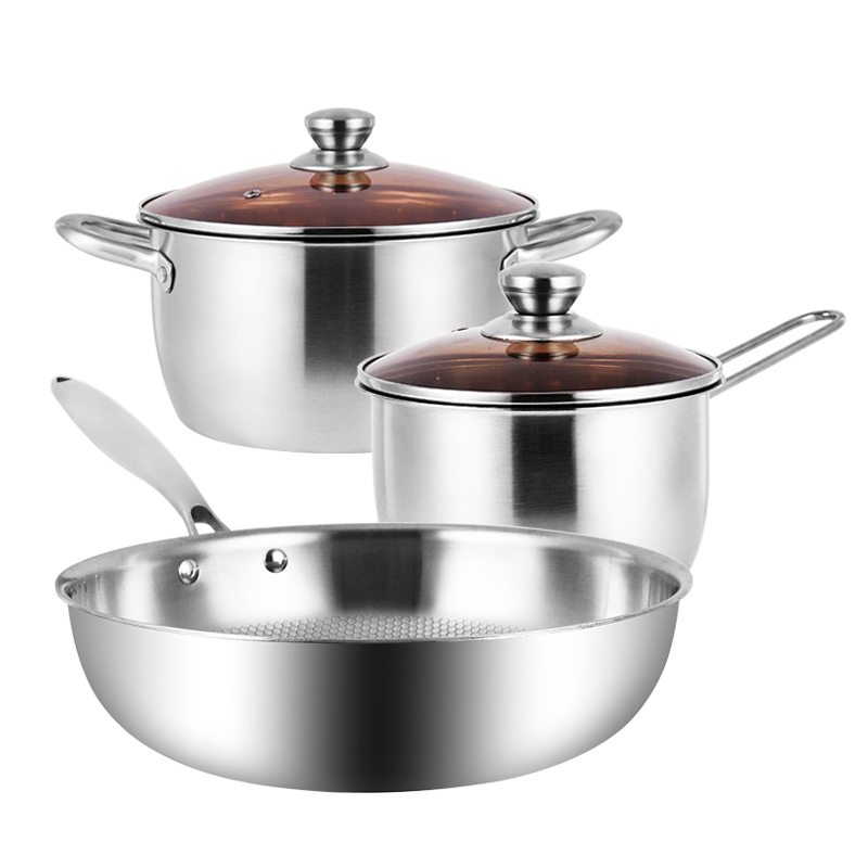 【yispot易铂】诺尔恰三件套锅YP-9007奥氏体不锈钢32cm炒锅+20cm汤锅+16cm奶锅 不锈钢色