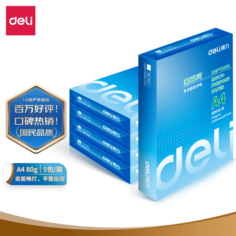 得力（deli）莱茵河 A4 80g 加厚双面打印纸 口碑优选复印纸 500张/包 5包1箱（整箱2500张）  白色  