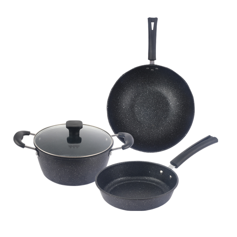 斯密欧（semreo）MR-602彼得曼麦饭石三件套厨具套装汤锅炒锅深煎锅韩式料理锅  黑色  