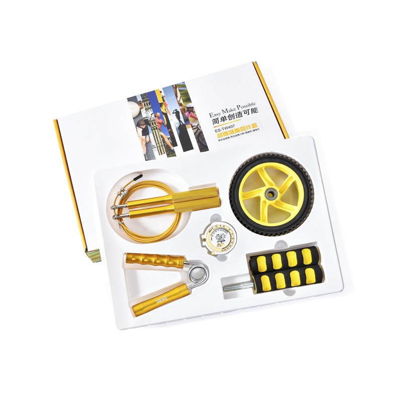 易威斯堡 铝合金跳绳＋铝合金握力器＋单轮健腹轮＋鱼形腰围尺 超燃减脂4件套 ES-TW407  混色  