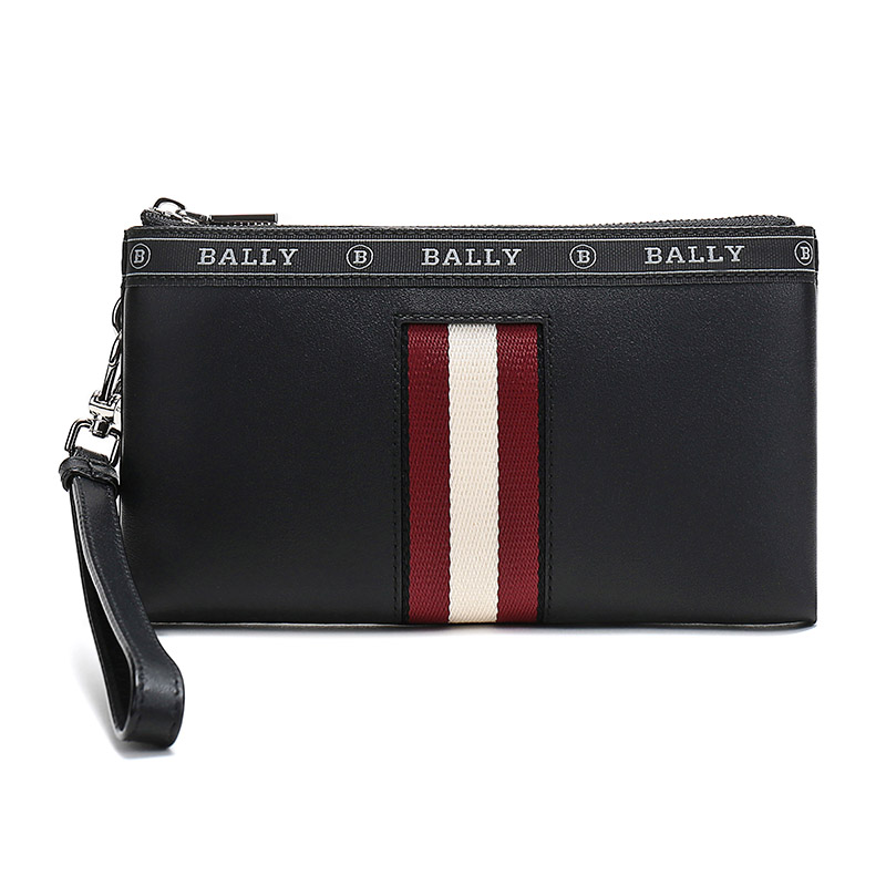 Bally 巴利男士黑色红白条纹皮革手拿包  Z11100380267（单位：个） 黑色
