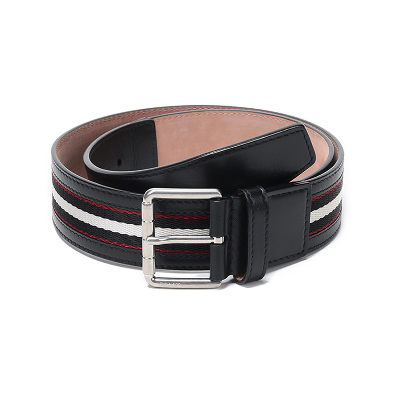 Bally 巴利男士织物配皮针扣式皮带 Z11100552906（单位：条） 黑色黑白条纹