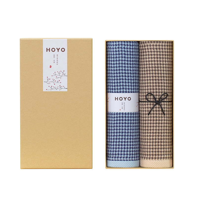 HOYO 千鸟格樱花礼盒毛巾两件套 7098 蓝+咖组合2524 组合装