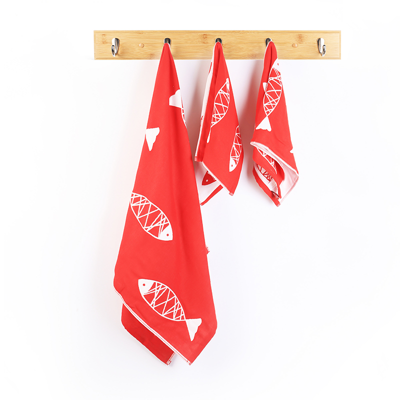 生活元素  年年有余中国红全棉纱布浴巾套装（3件套）MYY-GF312AB  红色  组合装