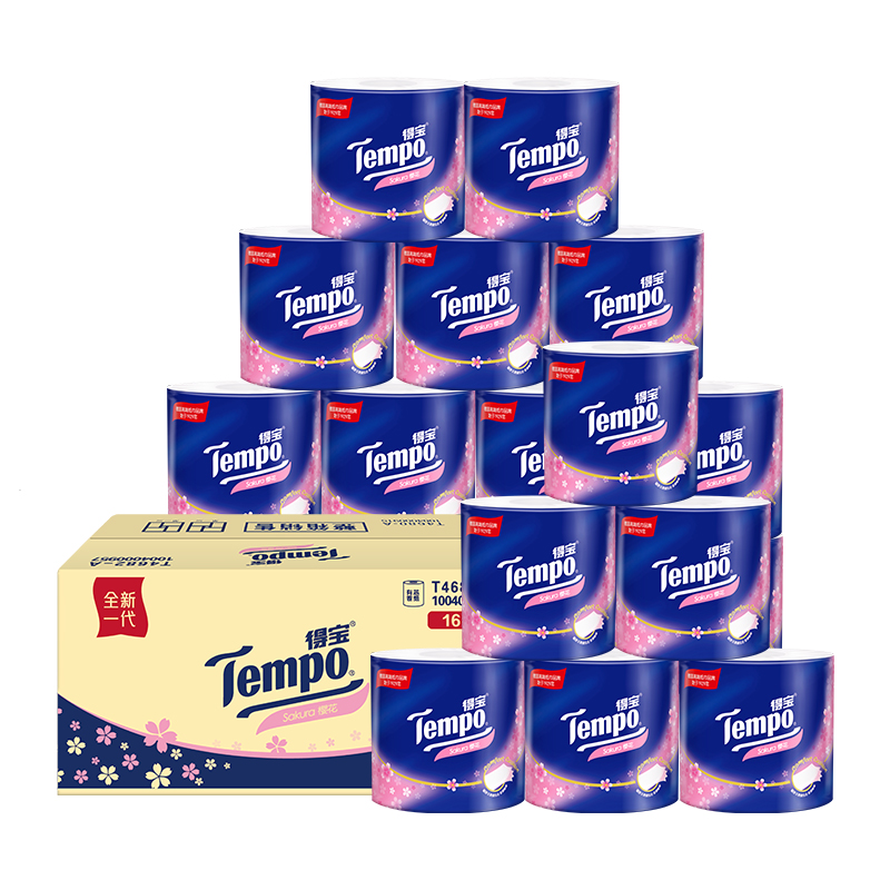 tempo得宝卷纸有芯樱花味4层160g16卷卫生纸家用厕纸手纸卷筒纸（整箱销售）  宝石蓝  