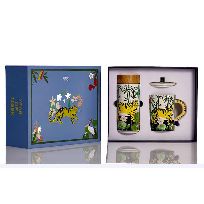 乾唐轩 勇虎迎新随身杯（木纹盖）+虎现黎明马克杯礼盒  绿色  