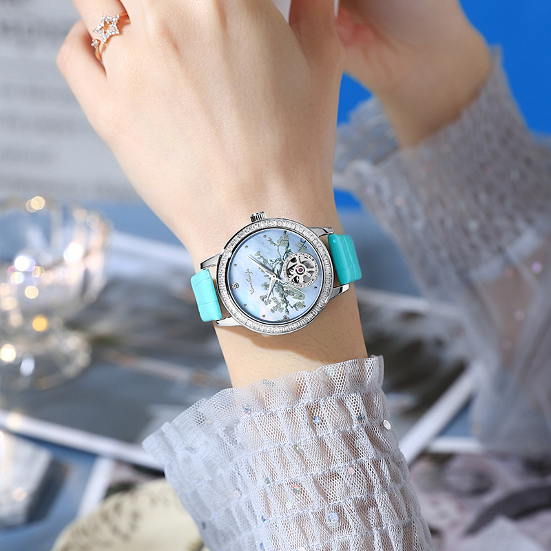 梵高全自动机械女表四时绘盛开的杏树系列 32mm  银色  