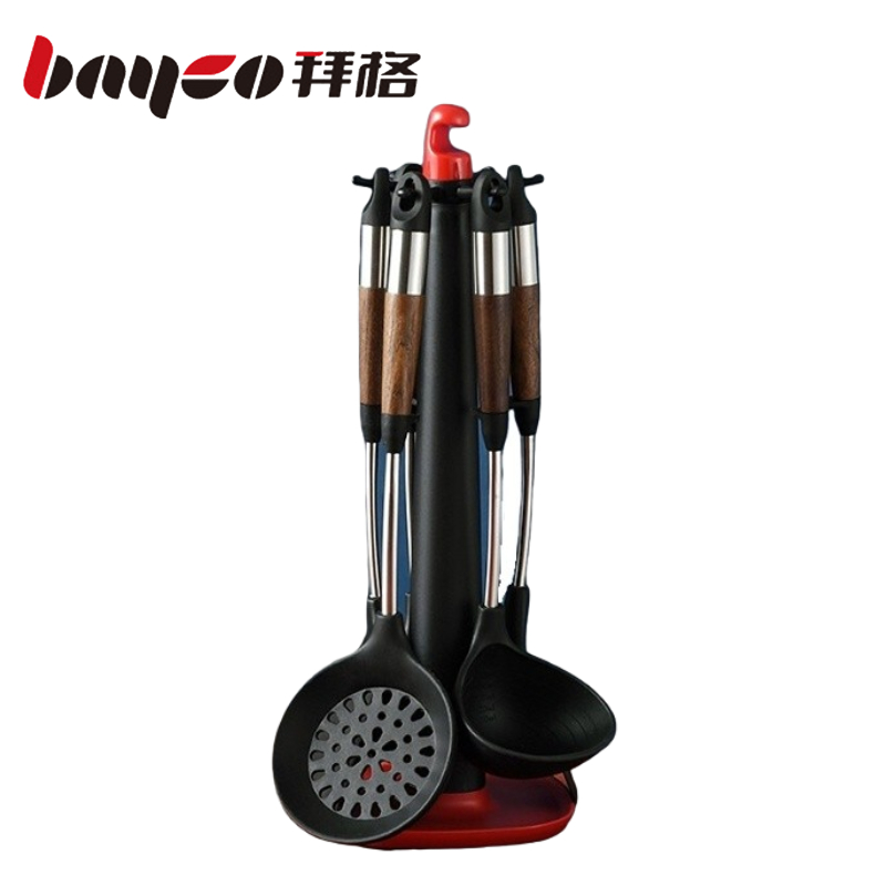 拜格 不锈钢木纹手柄硅胶厨具 6件套【BC3518】单位：套 曜石黑