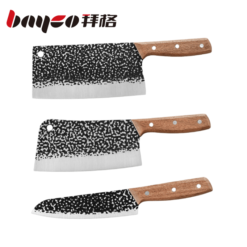 拜格（BAYCO）不锈钢锻打锤纹木柄刀具 3件套【ZH7213】（单位：套）