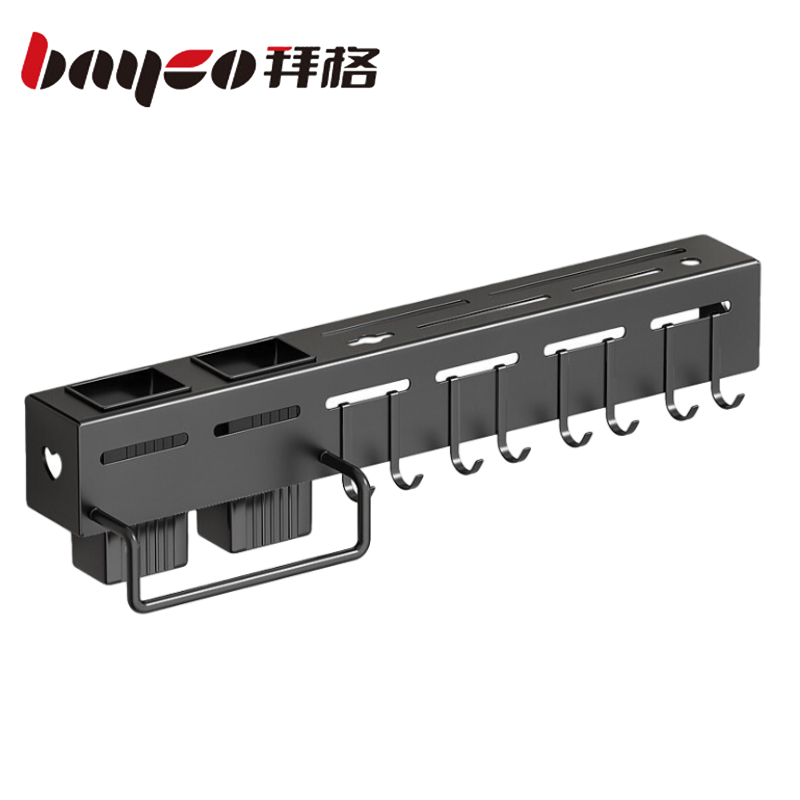 拜格（BAYCO）多功能壁挂厨房置物架 双杯8勾 60CM 黑色 款式随机 BX4058（单位：件） 灰黑色