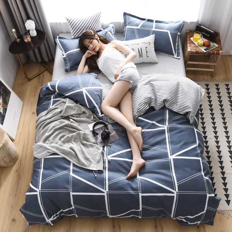 啄木鸟PLOVER家纺澳绒磨毛几何方块四件套+ZMN-AR-06 灰蓝色