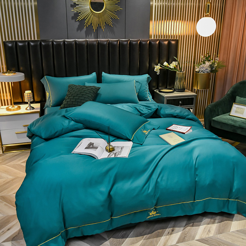 啄木鸟PLOVER家纺水洗真丝绣花四件套-墨绿+ZMN-SXZS-02  雾雨绿  