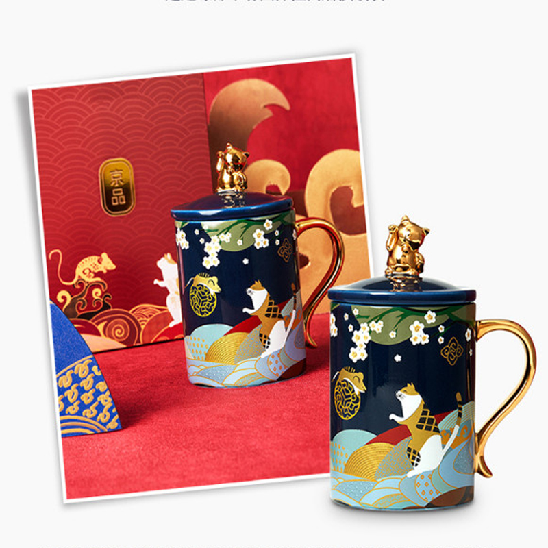 共禾京品福猫鼠钱陶瓷马克杯400ml  红色  