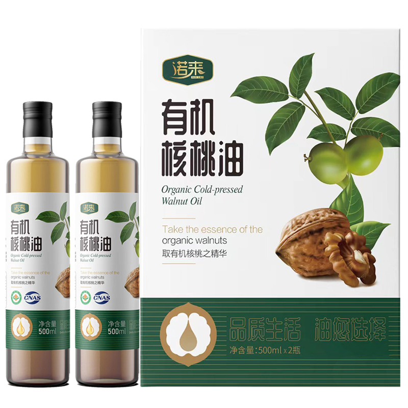 诺来一级冷榨有机核桃油500ml*2礼盒装（单位：盒）  白绿色  500ml*2礼盒装