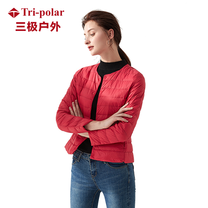 Tri-polar 轻薄短款修身羽绒服女士大码圆领短款外套TP6827（单位：件）  红色  XL