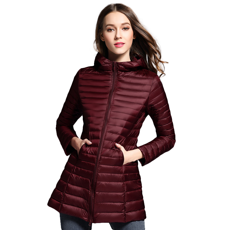 Tri-polar 秋冬新款时尚羽绒服女轻薄款中长款连帽修身大码简约外套TP8512（单位：件）  酒红色  M