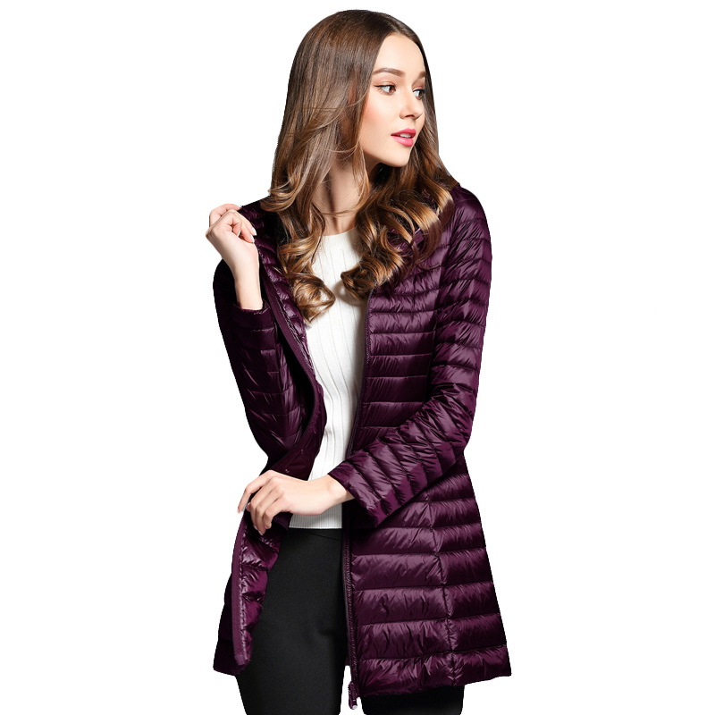 Tri-polar 秋冬新款时尚羽绒服女轻薄款中长款连帽修身大码简约外套TP8512（单位：件）  深紫色  2XL