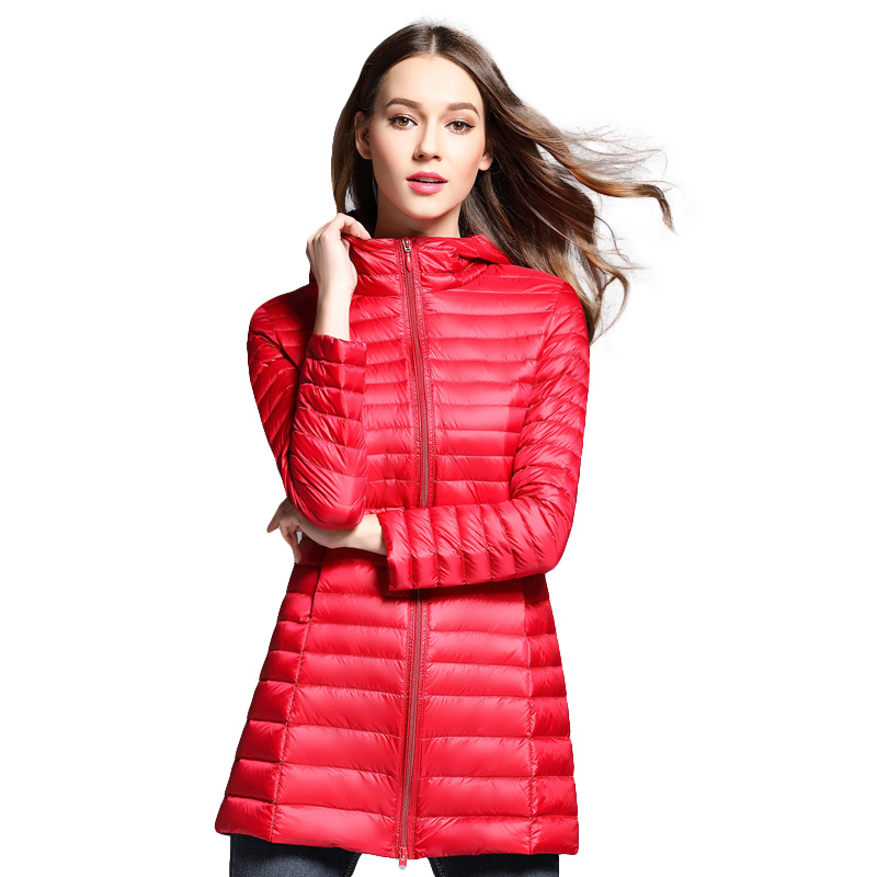 Tri-polar 秋冬新款时尚羽绒服女轻薄款中长款连帽修身大码简约外套TP8512（单位：件）  红色  2XL