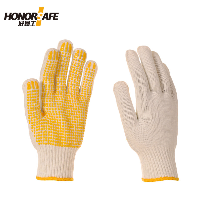 好员工 10针毛纺700克黄点塑手套 均码 12副/打  本白色  