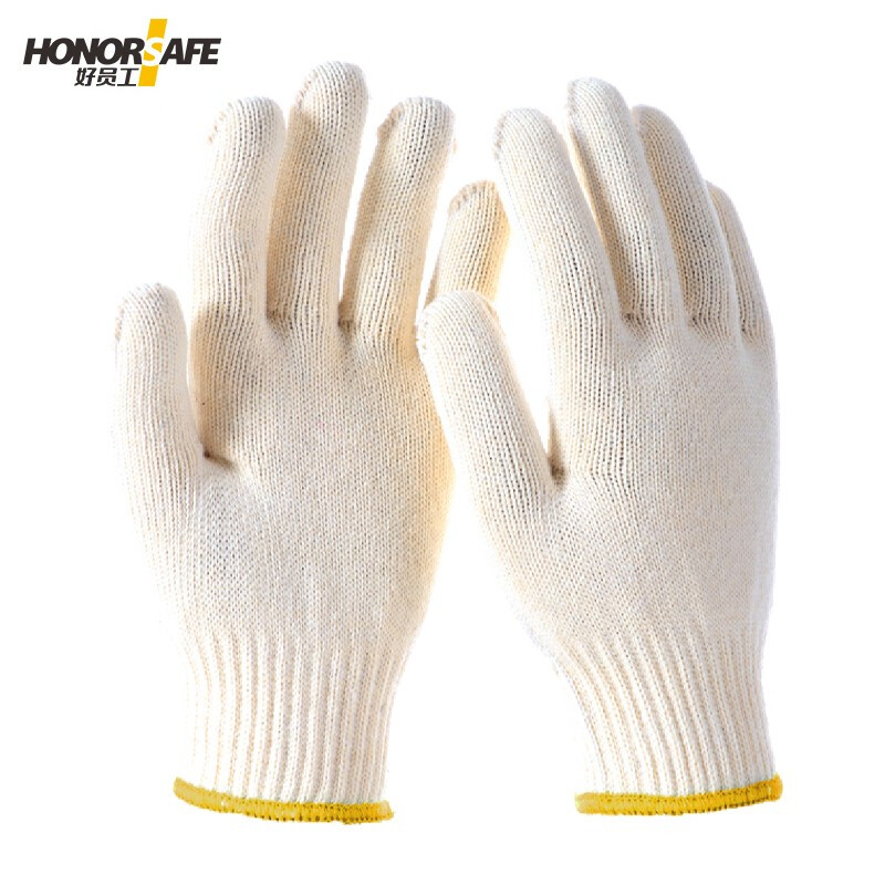 好员工 H10-MS600 棉丝防护手套 10针棉丝600g 线手套 耐磨劳保手套 黄边 12双/打 白色
