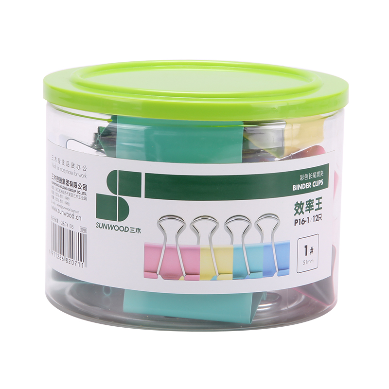 三木 P16-1 长尾夹 51mm 粉黄绿蓝混色装 12只/筒  计价单位:筒 彩色