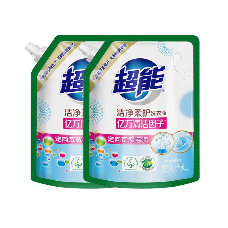 1kg超能洁净柔护洗衣液(鲜艳亮丽)(D)2袋装  白色  