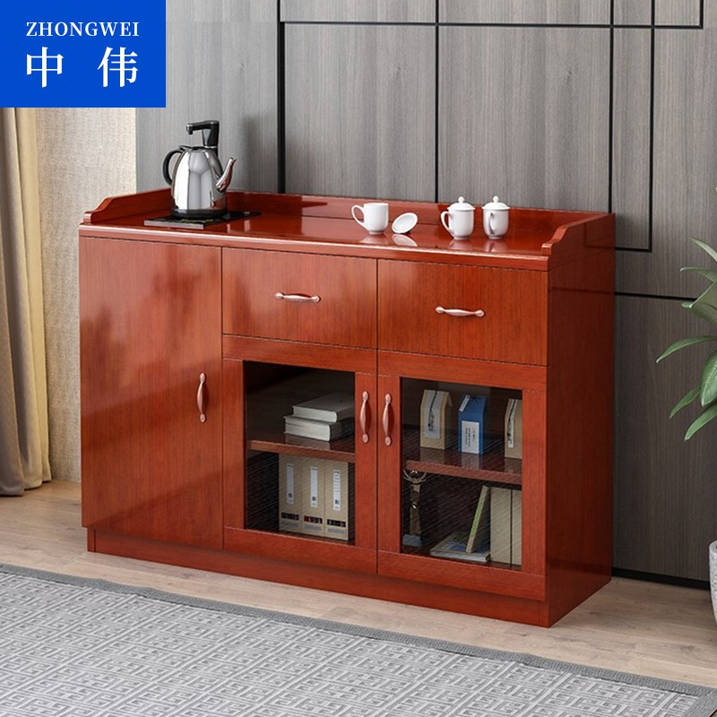 中伟现代简约阳台柜木质储物柜油漆贴木皮收纳酒水茶水柜 三门（含烧水配置）  红色  