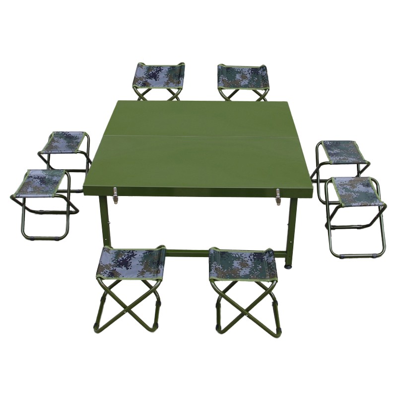 欧达  1m*1m野战桌椅会议便携式折叠桌 多功能餐桌 桌子+8张小马扎  军绿色  