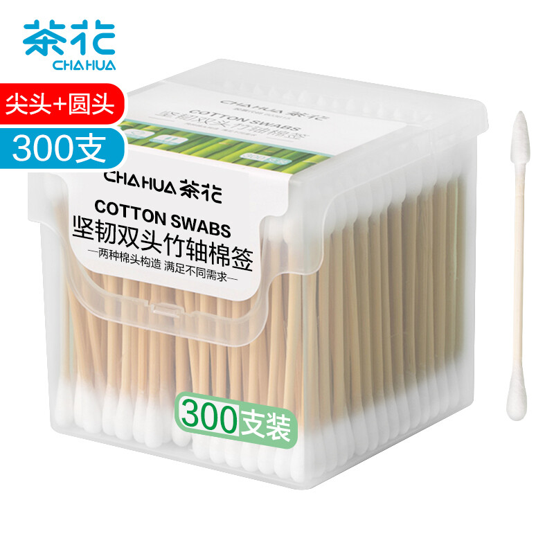 茶花 棉签掏耳朵（300支）双头坚韧竹轴尖头化妆棉棒310001  白色  