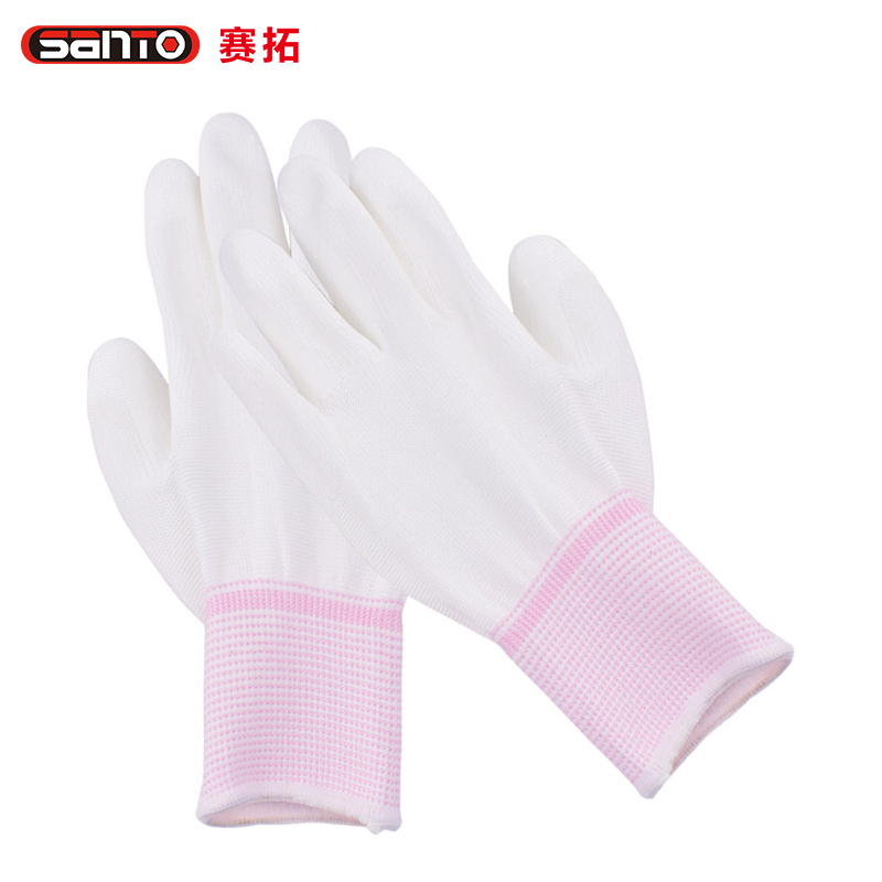 赛拓（SANTO）PU尼龙涂指手套 涂指手套劳保手套 浸胶涂层手套 耐磨防滑透气涂胶防滑手套 10付装S码 粉 2071  白色  