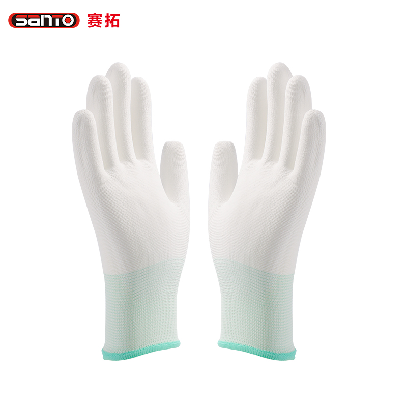 赛拓（SANTO）PU尼龙涂指手套 涂指手套劳保手套 浸胶涂层手套 耐磨防滑透气涂胶防滑手套 10付装M码 绿 2072  白色  