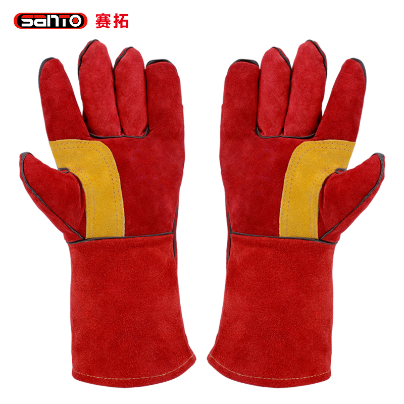 赛拓（SANTO）电焊防护手套 焊工手套 牛皮加强掌面长款加厚耐磨隔热防烫手套焊接手套 劳保手套 红色 2103  红色  