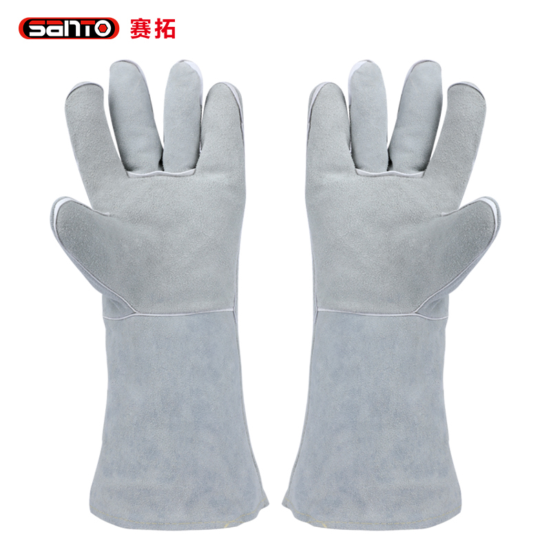 赛拓（SANTO）电焊防护手套 焊工手套 牛皮加强掌面长款加厚耐磨隔热防烫手套焊接手套 劳保手套 白色 2104  白色  