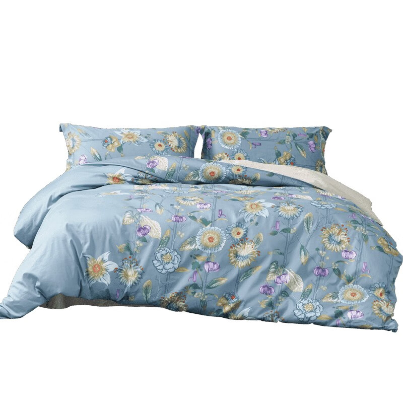 水星家纺 全棉抗菌四件套被套床单枕套床上用品套件全棉被罩被单1.5米床 暮日轻语  蓝色  