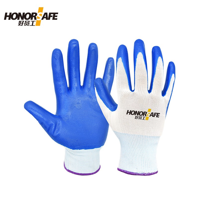 好员工 N301 13针涤纶丝蓝色丁腈涂掌耐磨胶线手套劳保手套 均码 12副/打 白蓝