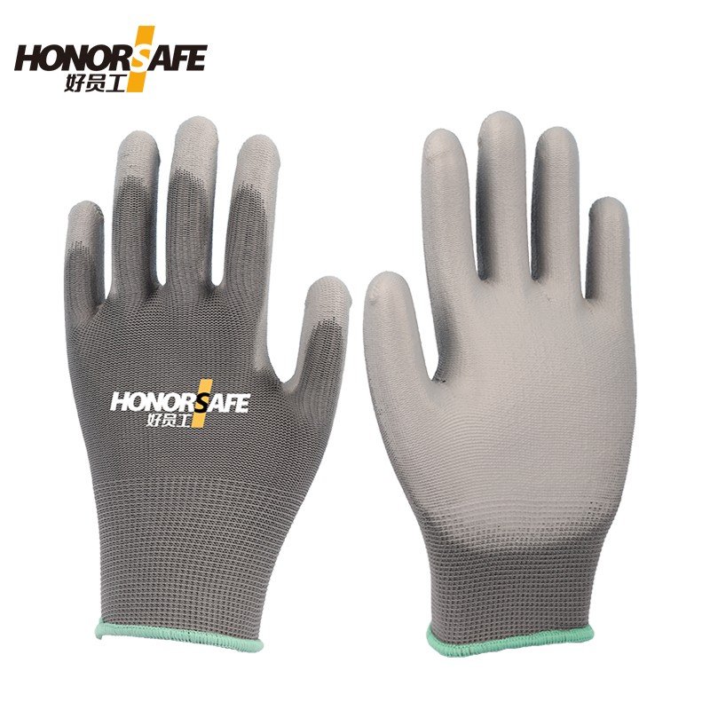 好员工 T505 13针灰涤纶灰PU涂掌防护涂层 耐磨透气舒适劳保手套 10副/打 灰色