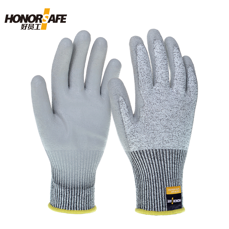 好员工 PE-104 HPPE/PU涂层防切割劳保手套 8号 5副  灰色  